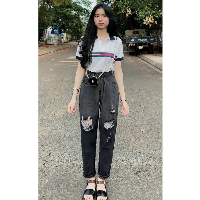 Quần bò nữ cạp cao loang màu xám đẹp, Quần jean Baggy nữ rách kiểu bụi cá tính
