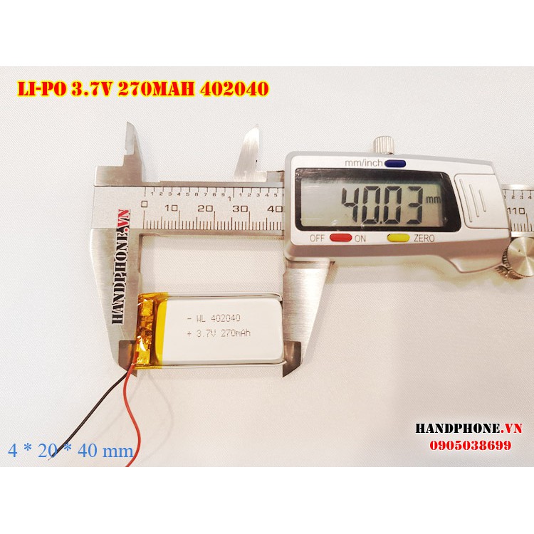 Pin Li-Po 3.7V 270mAh 402040 (Lithium Polymer) cho máy nội soi, định vị GPS, cân điện tử, máy ghi âm, camera hàng trình