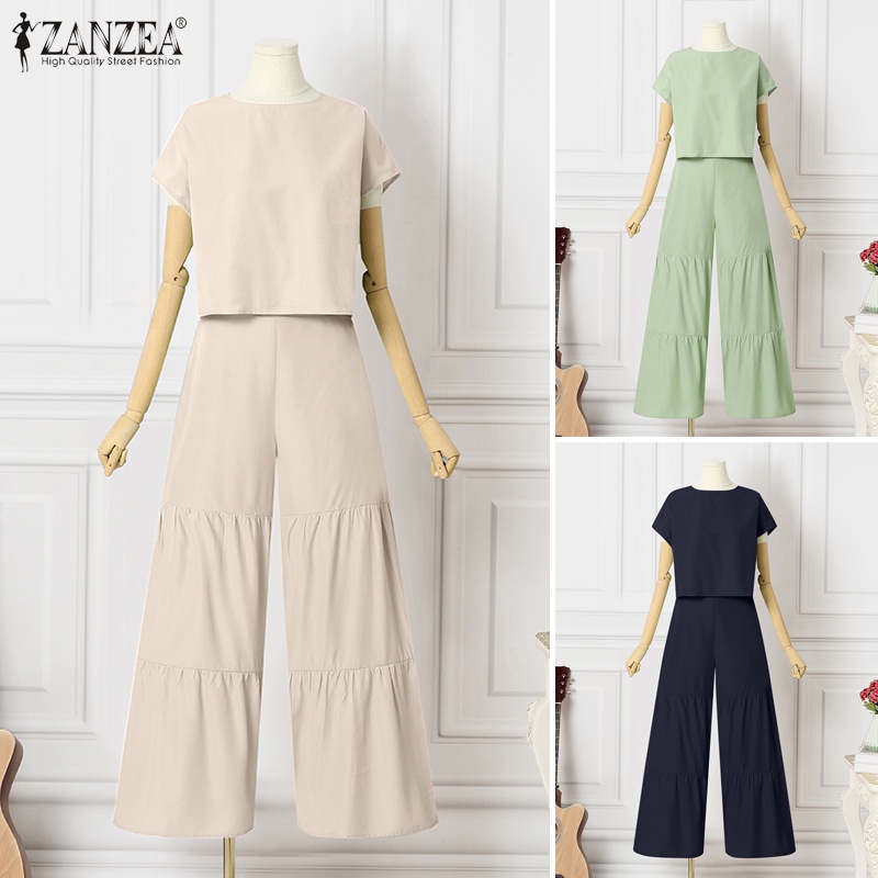 Set đồ 2 món ZANZEA gồm áo thun tay ngắn cổ tròn dáng rộng + quần lưng thun ống rộng cho nữ