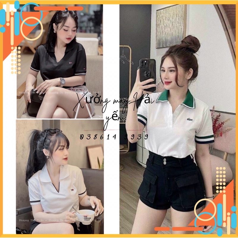 Áo polo nữ cỗ V đen trắng , áo cá xấu thêu chấy polo chuẩn form dáng cận chất