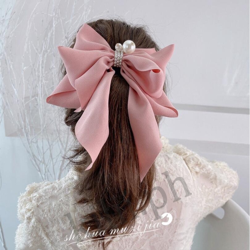 Kẹp Tóc Nơ Ruy Băng Đính Ngọc Trai Thời Trang Hàn Quốc Dành Cho Nữ