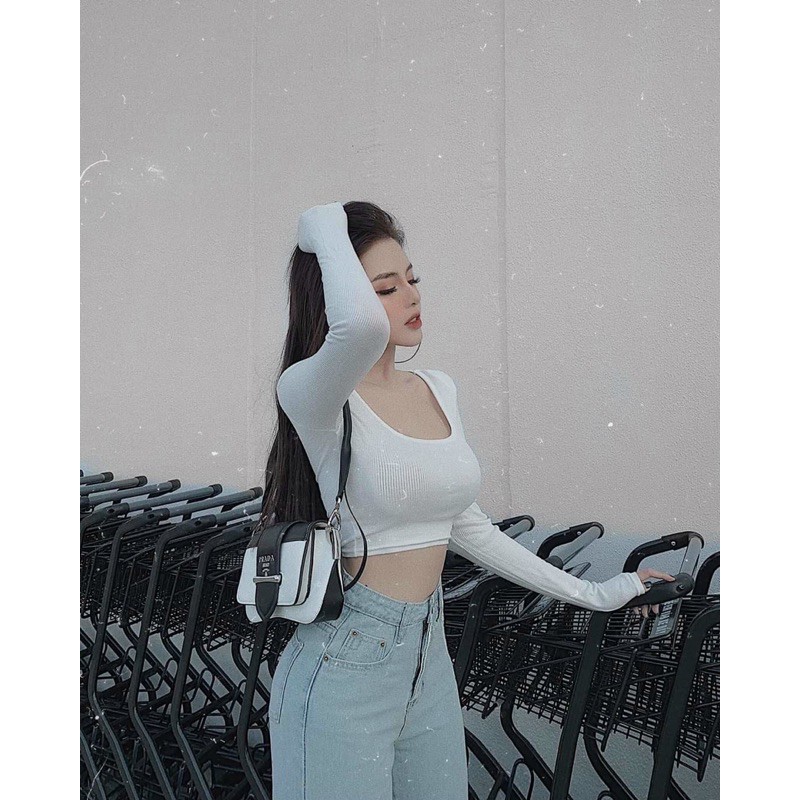 [Mã FAMARAL2 giảm 10K đơn 50K] Áo croptop cổ vuông tay dài, hình thật trải sàn