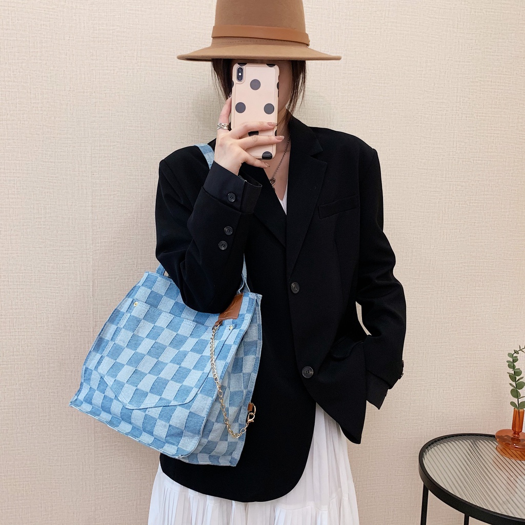 Túi tote đeo chéo nữ vải jean phong cách Ulzzang Hàn Quốc đi chơi, đi làm kẻ caro thời trang