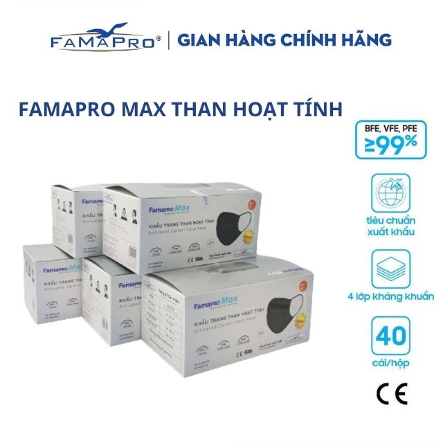 [HỘP-40 CÁI-MÀU ĐEN-THAN HOẠT TÍNH] COMBO 5 HỘP Khẩu trang y tế cao cấp kháng khuẩn 4 lớp Famapro max