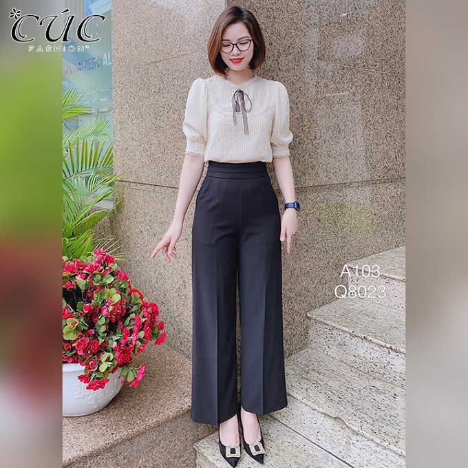 Quần ống rộng Cúc Fashion quần baggy nữ vải lưng cạp cao dài suông loe culottes xuông màu đen đi học from chuẩn Q296