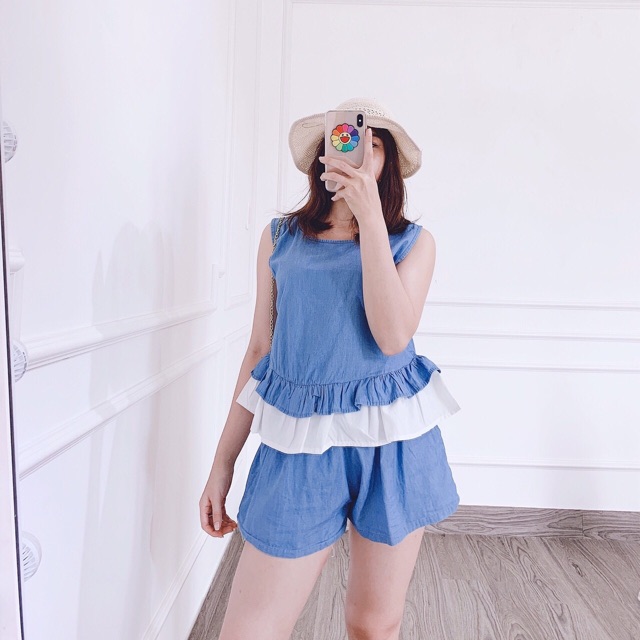 Set jeans áo tùng xoè phối màu + quần short lưng chun cực style ❤️