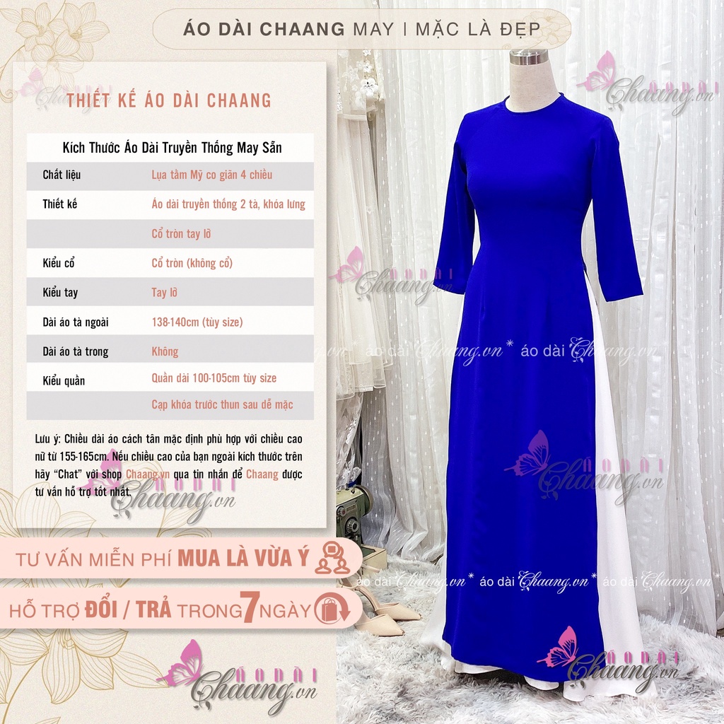 Áo dài xanh cổ tròn CHAANG May sẵn áo dài truyền thống, vải lụa xanh coban tay lỡ