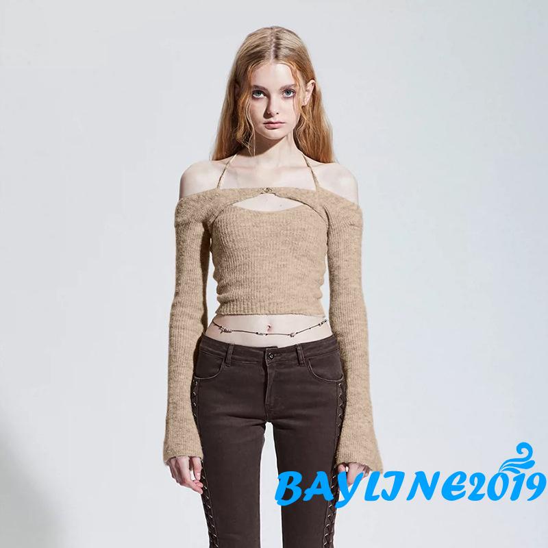 Áo croptop cotton cổ yếm dài tay chất mỏng màu trơn cho nữ