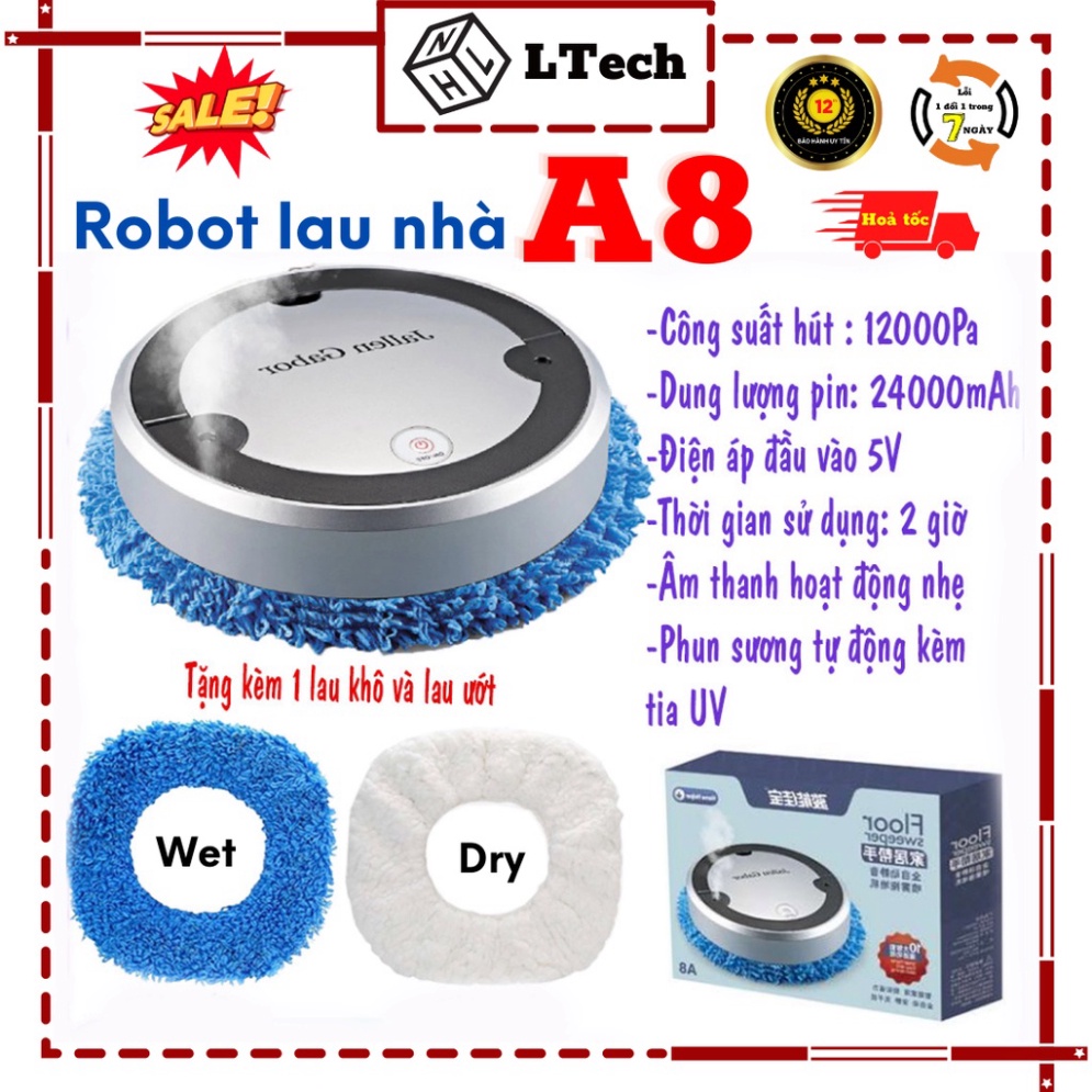 Robot lau nhà tự động thông minh A8,4 chế độ lau khô &amp; lau ướt tiện lợi, chế độ phun sương tích hợp tia UV