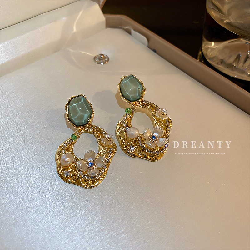 Bông Tai Xếp Li Bằng Bạc Họa Tiết Hoa Đính Ngọc Trai Thời Trang Phong Cách Âu Mỹ Cho Nữ