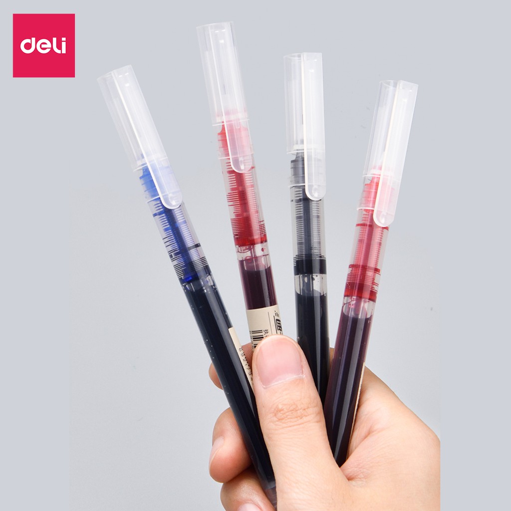 Bút bi nước văn phòng mực gel 0.5mm Deli màu xanh đen đỏ nhanh khô viết thư pháp ống bút liền lâu hết mực S856