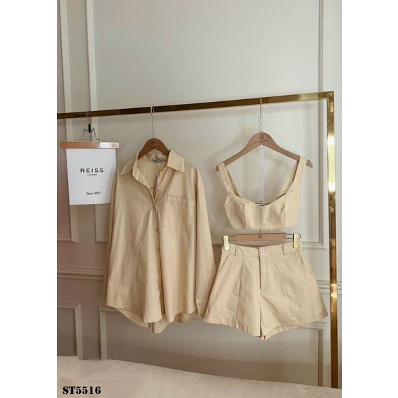 Có mút ngực Set 3 món cực cá tính áo sơ mi phối áo dây croptop kèm quần short