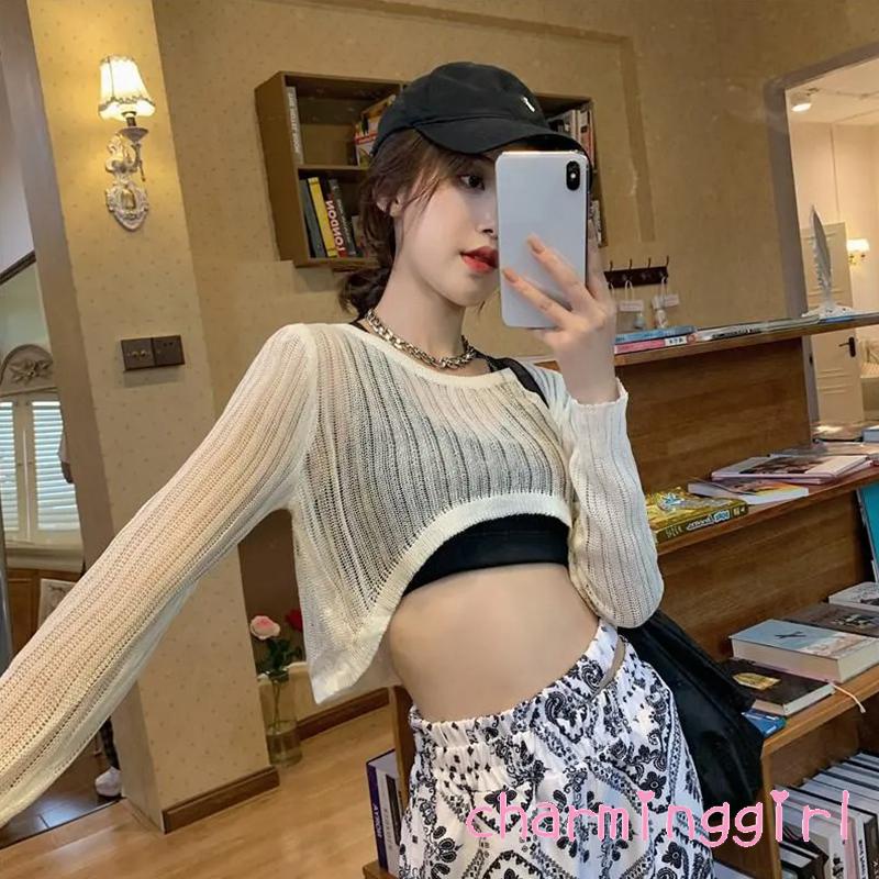 QAQ-Women´s Bikini Cover Up Solid Color Long Sleeve Round Neck Cutout Sheer Knitted Cropped Tops