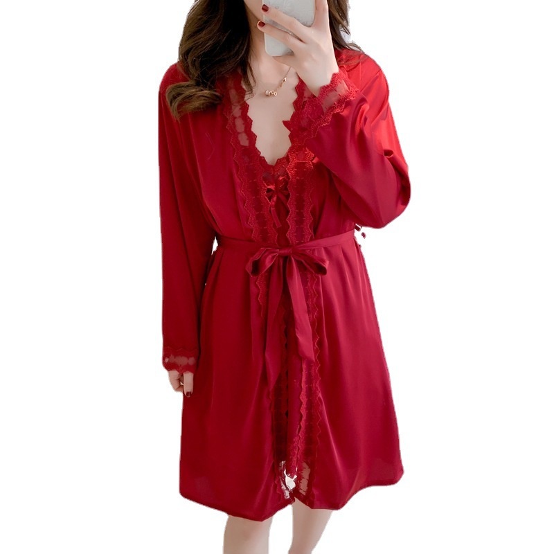 Bộ Đồ Ngủ Vải Lụa Lạnh Phối Ren Cổ Chữ V Có Đệm Ngực Kèm Thắt Lưng Thời Trang Quyến Rũ Cho Nữ