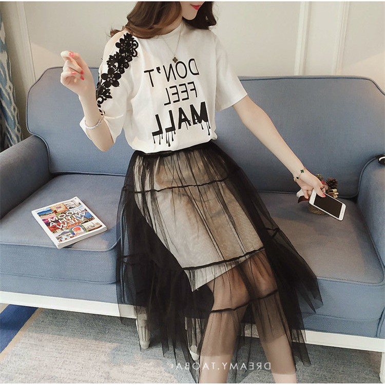 Set Áo Thun Tay Lỡ Hở Vai + Chân Váy Lưới Xẻ Tà Lưng Cao Dáng Dài Qua Gối Thời Trang Cho Nữ