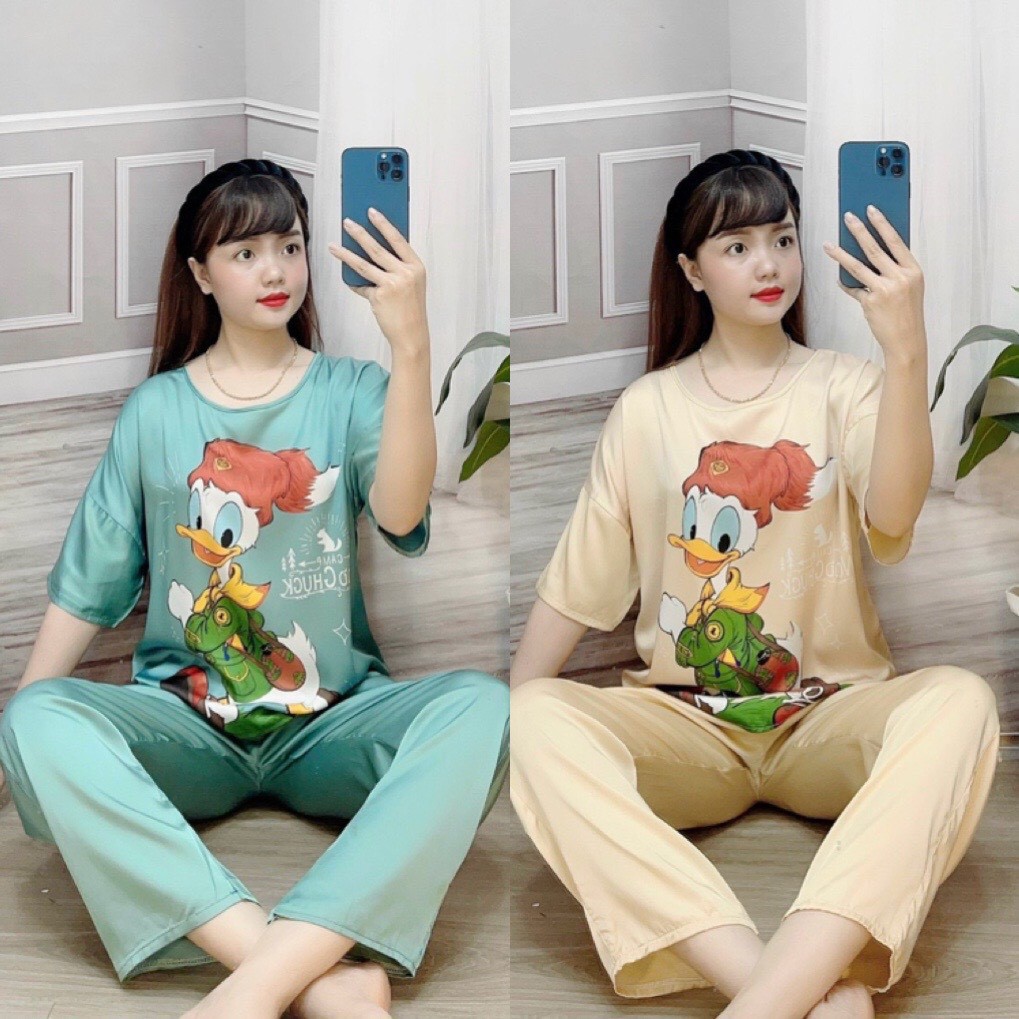 Pijama Hoạt Tiết Hình Con Vịt Chất Lụa Latin Cao Cấp ( Ảnh Chụp Thật )