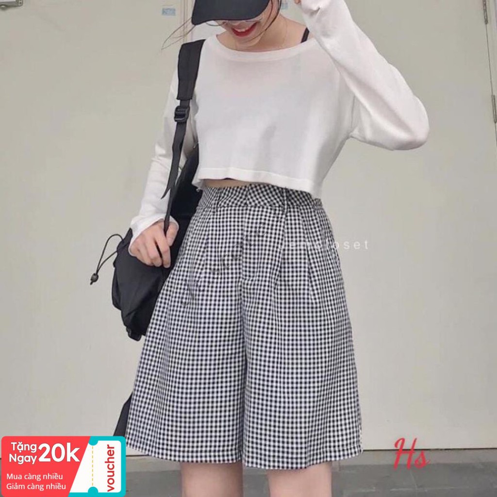 freeship Bộ Áo Croptop Quần Sooc Kẻ , Set Áo Crt Dài Tay Quần Đùi Ống Rộng B024