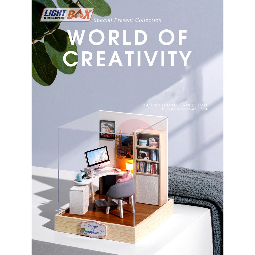 Nhà búp bê Tự làm bằng gỗ [Nhà WORLD OF CREATIVITY có nội thất &amp; đèn led ] Tặng kèm khung MICA + keo