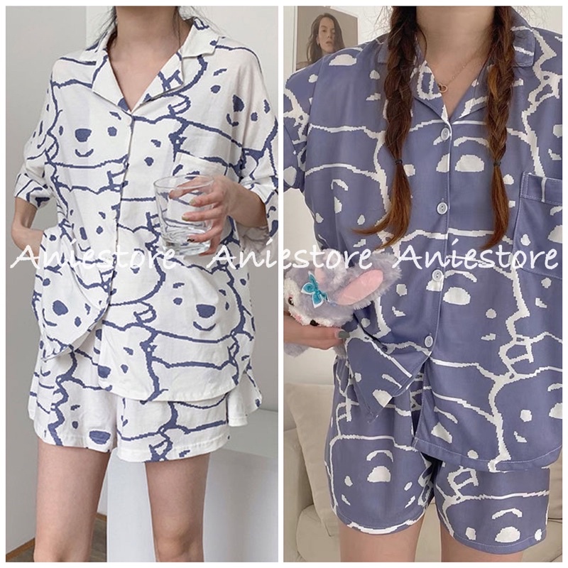 bộ ngủ mặc nhà, bộ pijama mặc nhà unisex 2 màu hình gấu kute