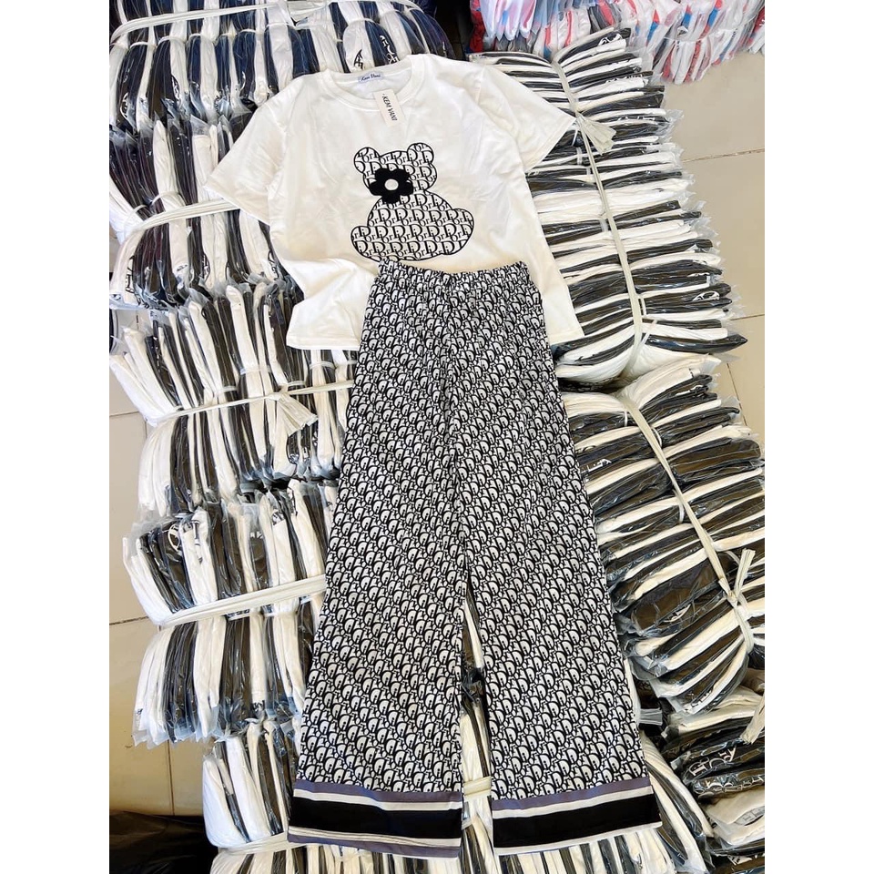 [10.10 Sale Freeship] Set bộ đồ mặc nhà, Set bộ thun tay ngắn hình gấu kèm quần dáng dài ống rộng thoải mái năng động