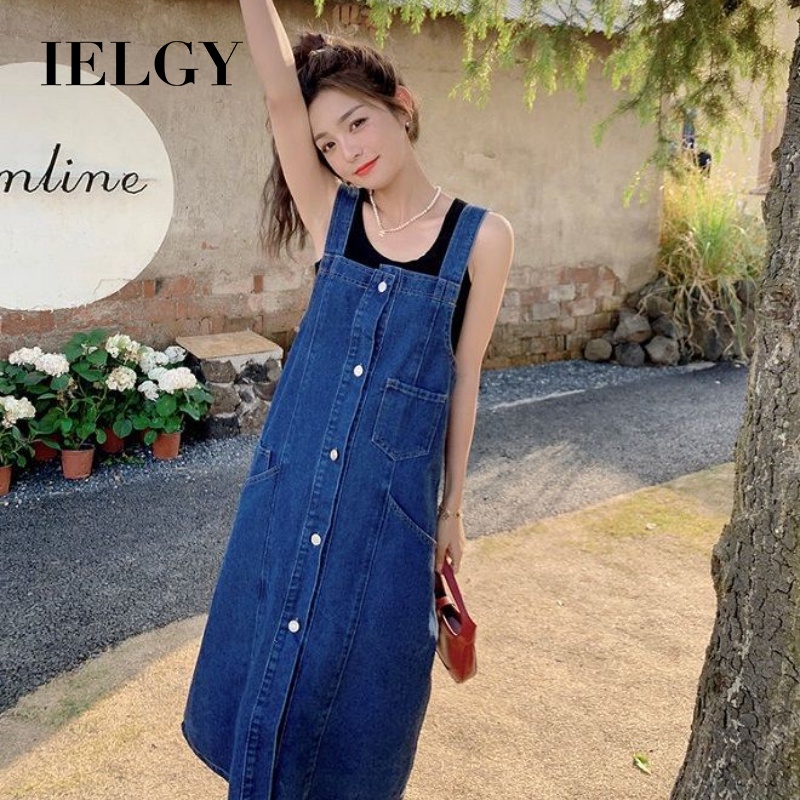 IELGY Đầm Yếm denim Xanh Dương Dáng Rộng Phong Cách Hàn Quốc Thời Trang Mùa Hè Mới Cho Nữ