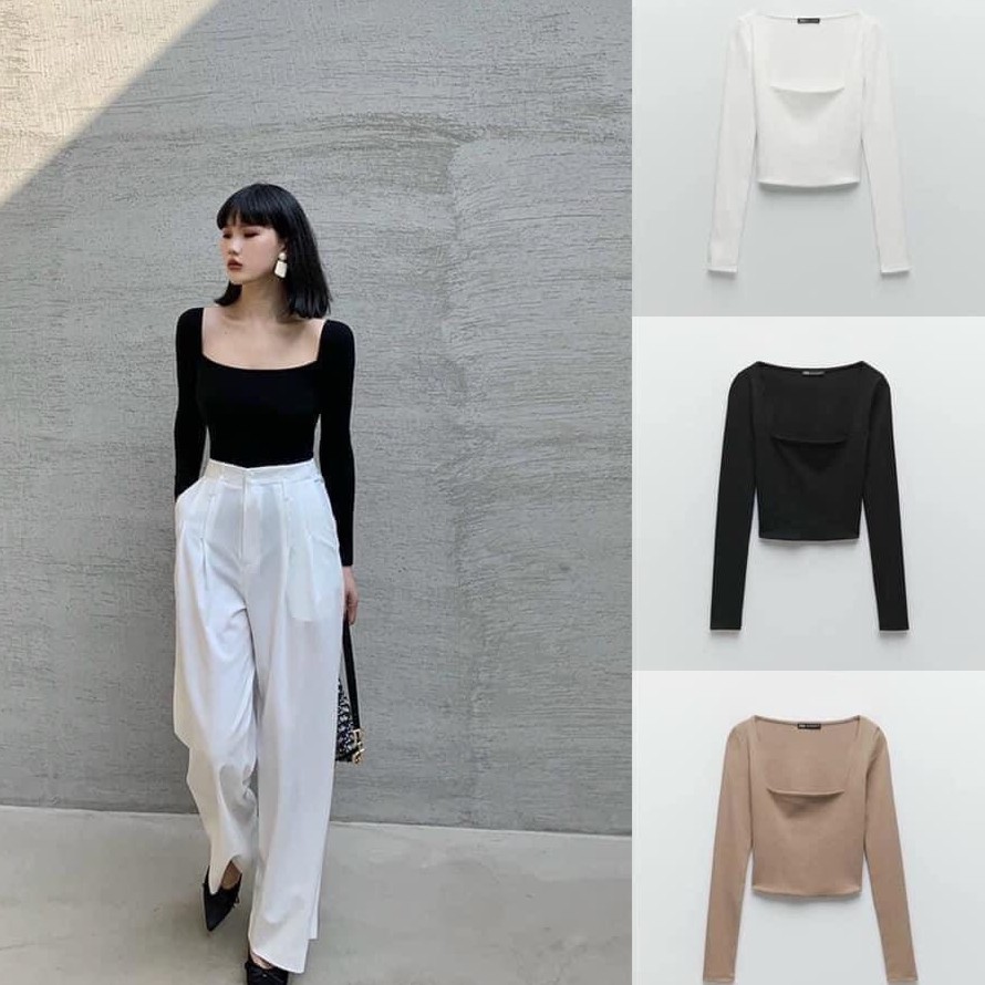 [ Mã WASTAPR giảm 10K đơn 50K] Áo thun nữ cổ vuông dài tay vải tăm co giãn dáng croptop | WebRaoVat - webraovat.net.vn