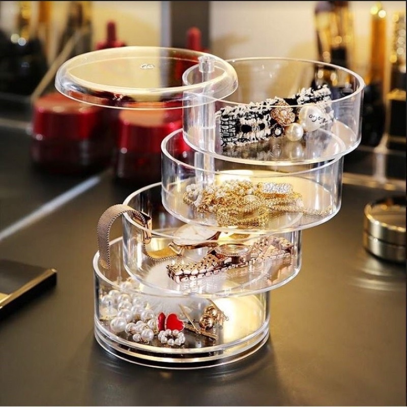 Hộp đựng trang sức 4 tầng trong suốt hình tròn xoay 360 độ tiện lợi