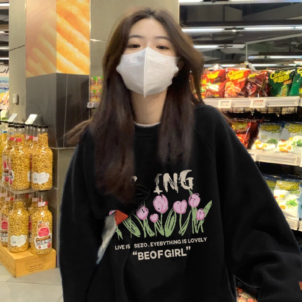 Áo sweater SELVZE tay dài cổ tròn in họa tiết phong cách cổ điển Mỹ thời trang dành cho nữ