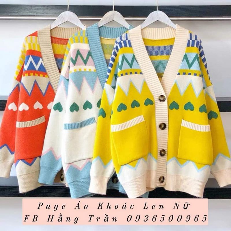 Áo khoác len rộng dài 2 túi phối màu.