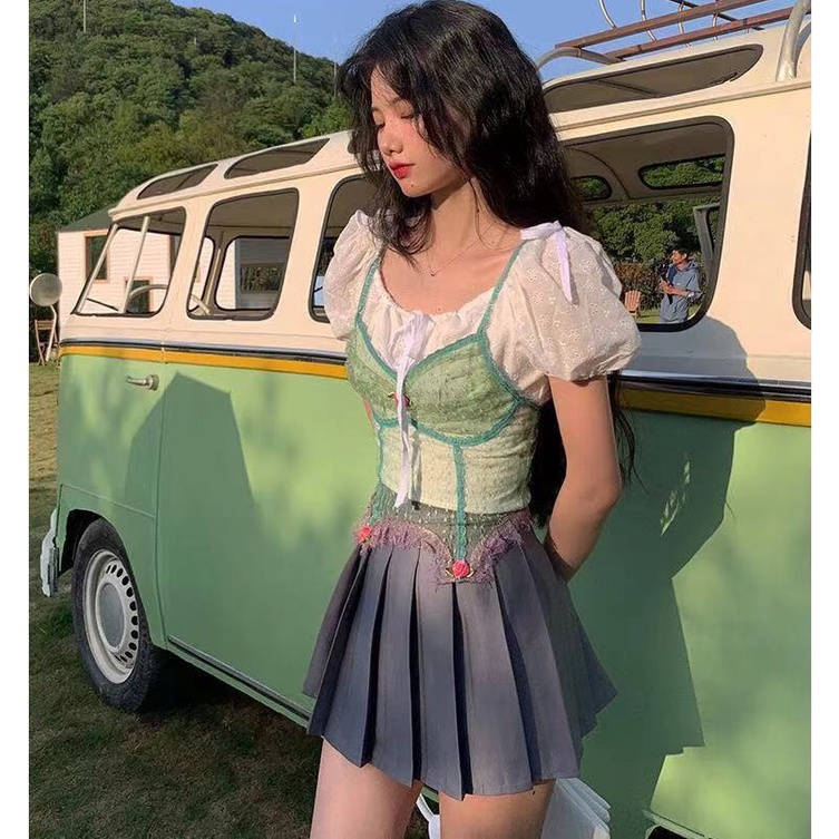 Bộ Quần Áo Ngắn Phối Ren Màu Tương Phản Dễ Phối Đồ Thời Trang Mùa Hè