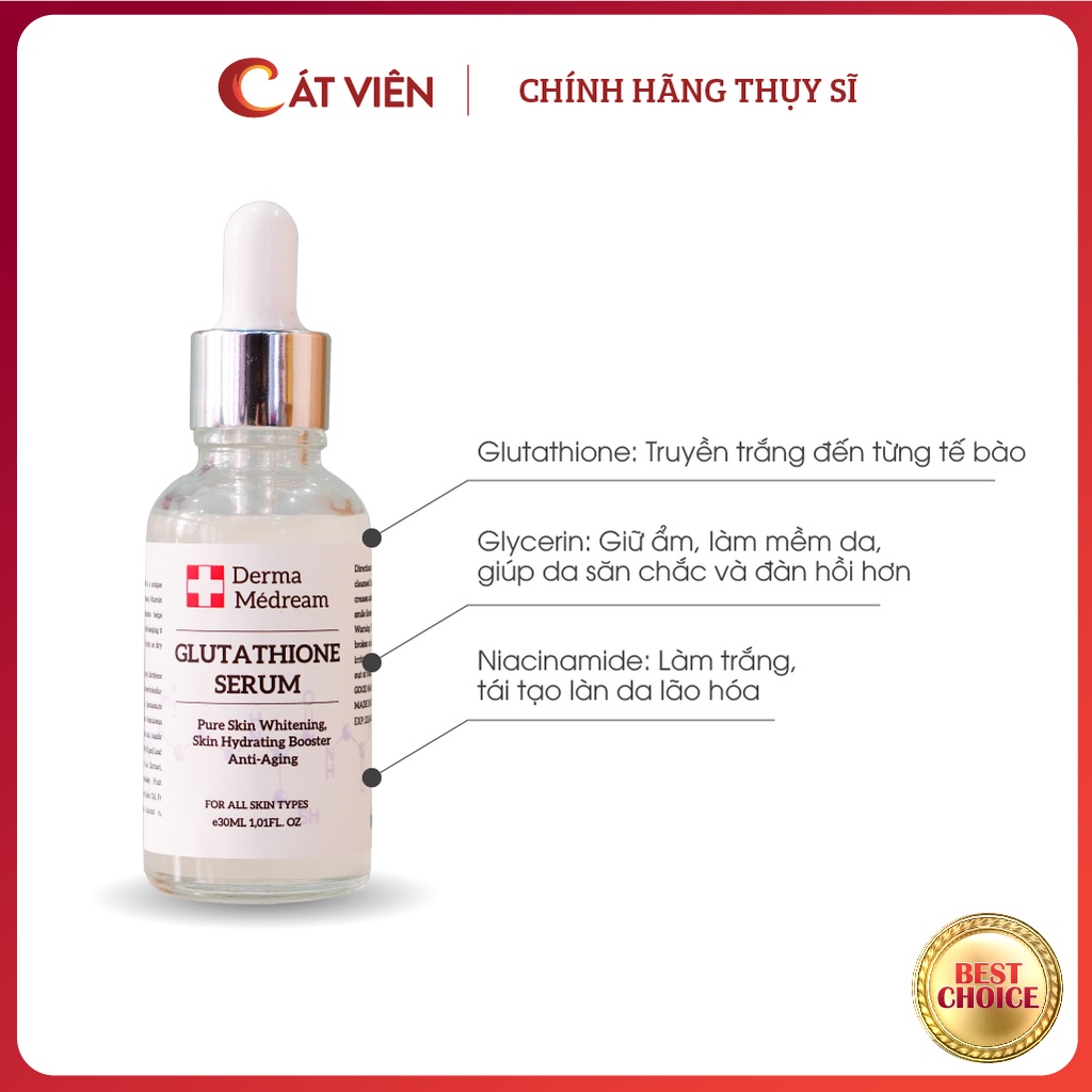Serum truyền trắng, làm đều màu da, mờ thâm nám, dưỡng ẩm, làm săn chắc và phục hồi da Gluthation Derma Médream