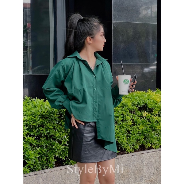 Áo sơ mi nữ dáng rộng oversize freesize dài tay lệch tà basic