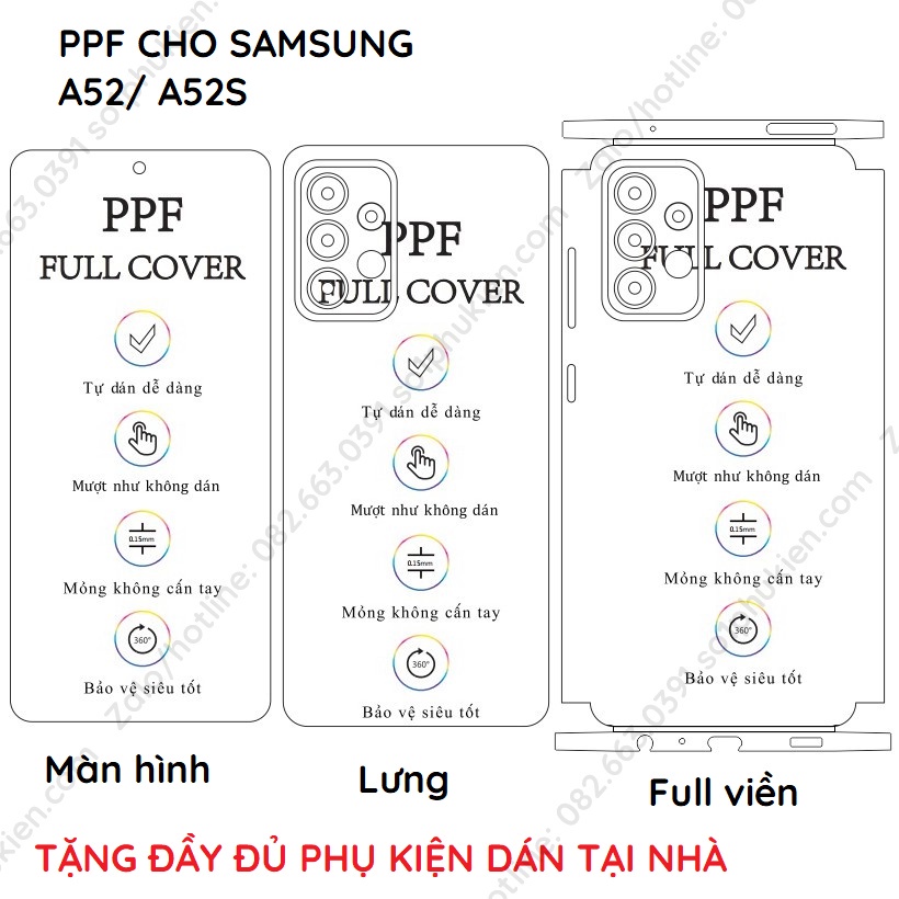 Dán PPF Samsung A52s 5G loại trong, nhám, da cá sấu dành cho màn hình, mặt lưng, full body lưng viền