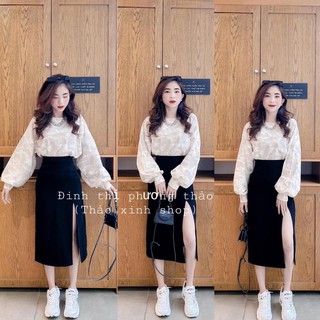 ✅set váy xẻ + croptop tay dài lm xám