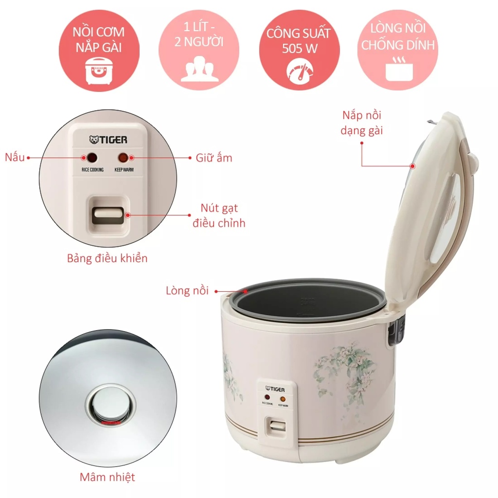 Nồi cơm điện cơ chống dính 1L Tiger JNP-1000(FK) 518W - Hàng chính hãng