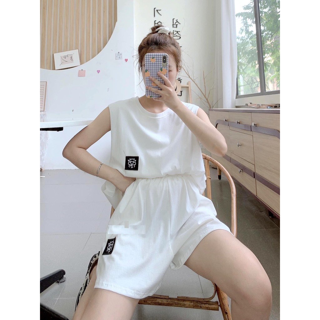 Set Thun Trơn Sát Nách Form Rộng Icon Con Bò - Bộ short đùi cạp chun chất thun co giãn kèm áo phông oversize họa tiết