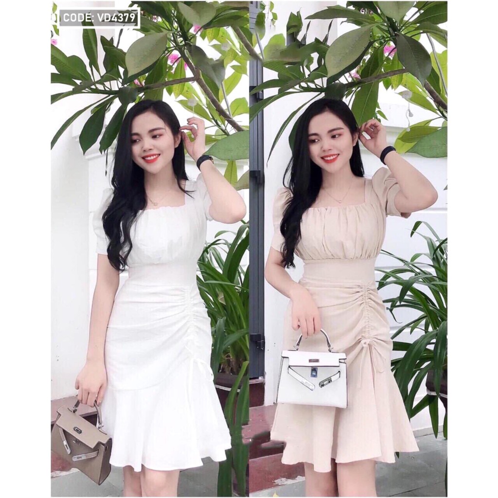 Váy Xòe Đẹp 🎈 FREE SHIP 🎈 Đầm Xòe Đẹp Nhúng Ngưc Tùng Rút Dây Màu Trắng Vải Lụa Mềm Mại Freesize từ 40 đên 55kg