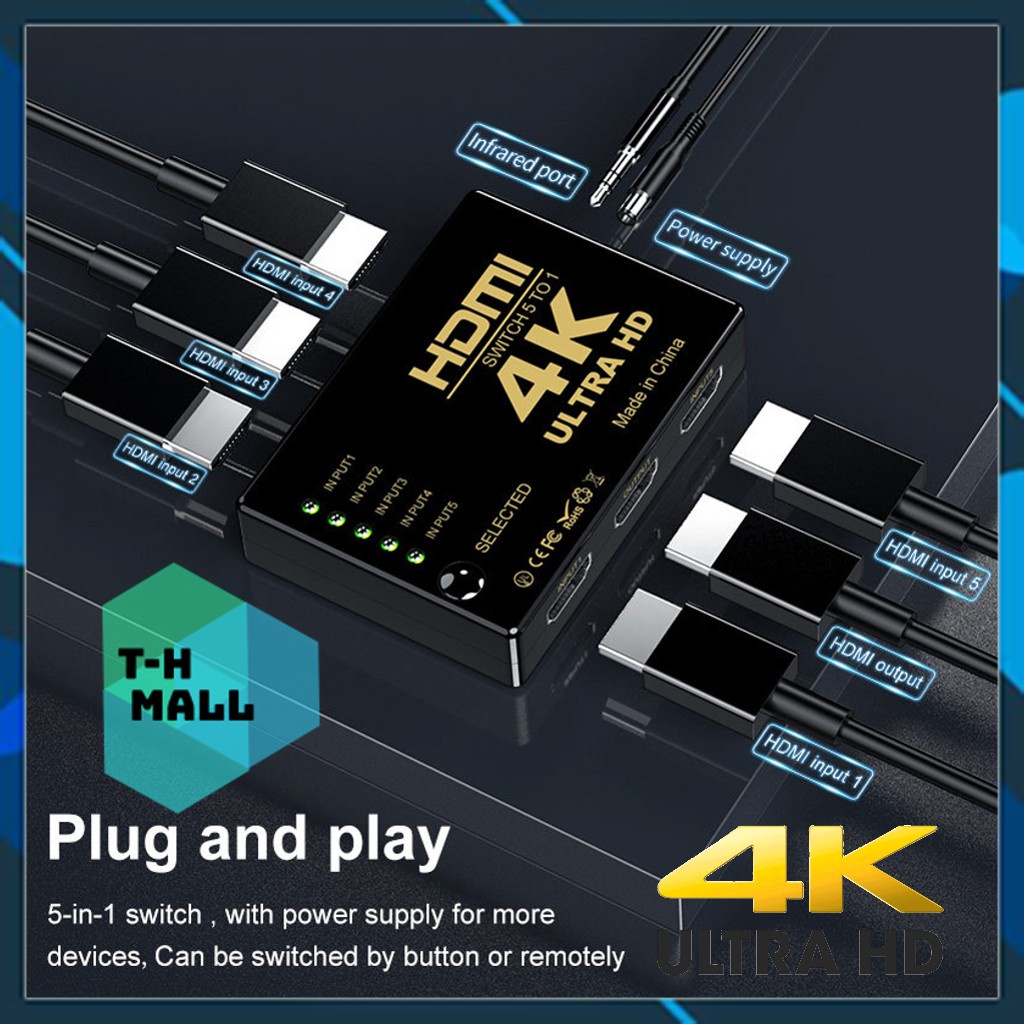 Bộ chuyển đổi Switch HDMI 4k hỗ trợ từ 5x1 hỗ trợ 5 ngõ vào như DVD, Android box, PC và 1 ngõ ra cổng HDMI xuất LCD tivi