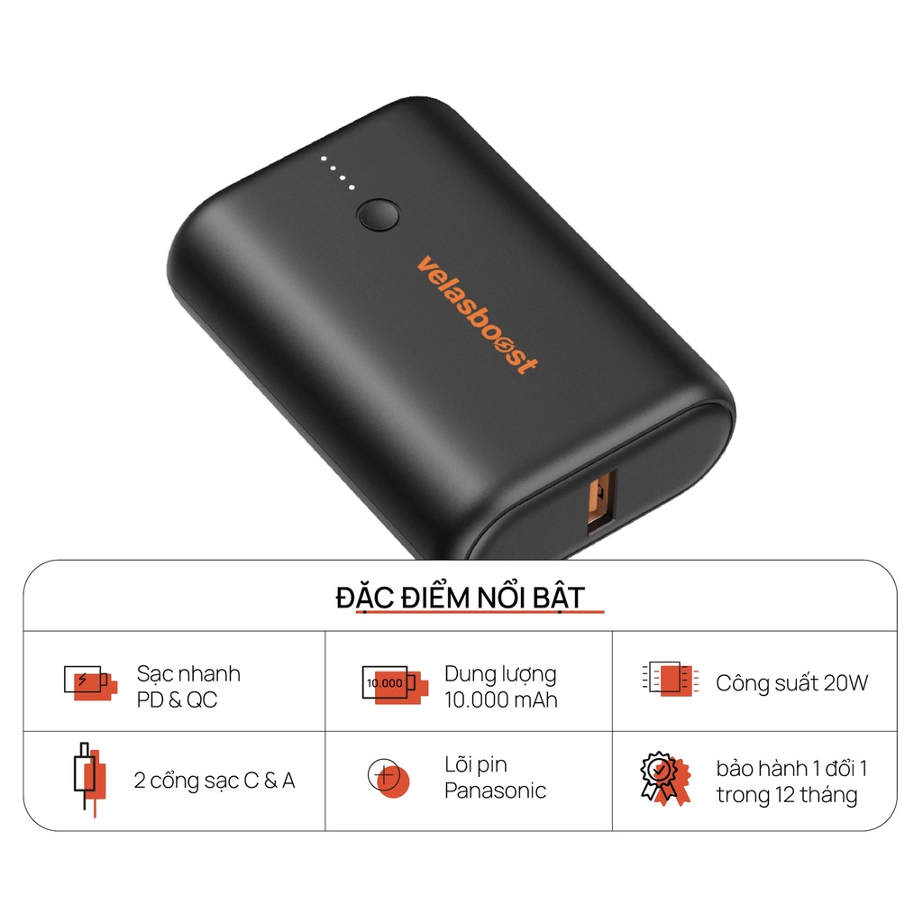 Sạc dự phòng Velasboost Dynamic 1 - 10.000 mAh, chính hãng bảo hành 12 tháng