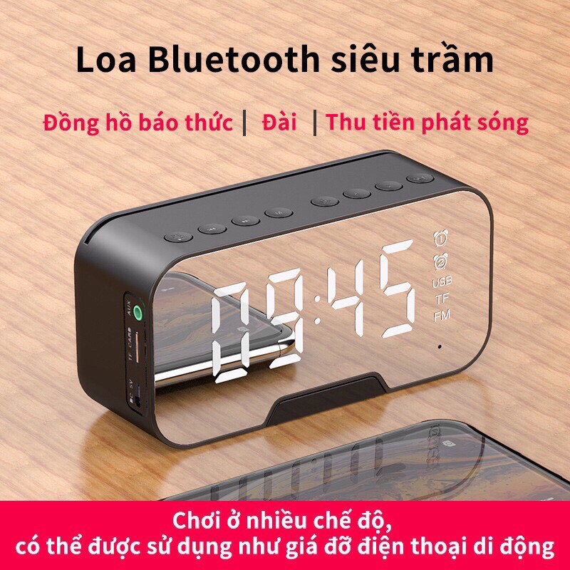 Loa bluetooth có đồng hồ báo thức, đèn ngủ, nghe đài FM, màn hình gương hiển thị đèn LED | loa bluetooth mini cầm tay