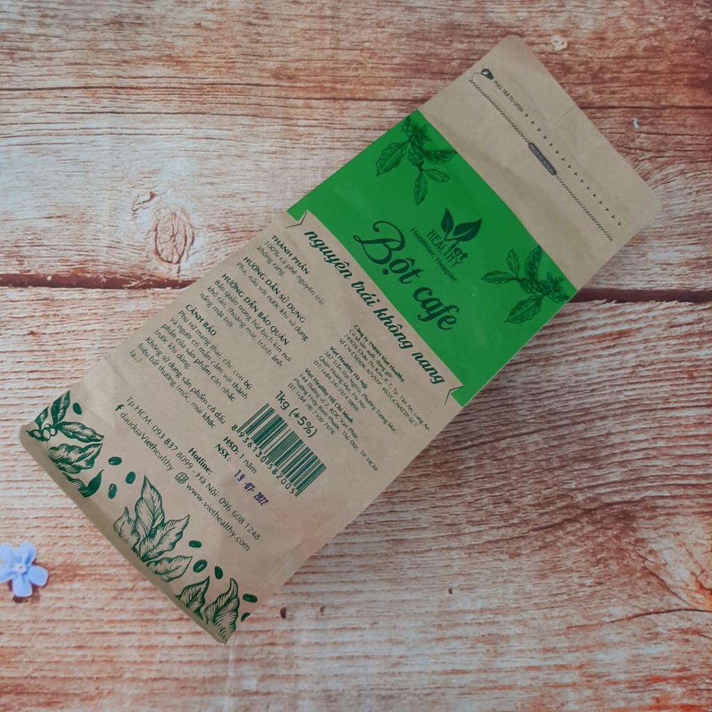 TẶNG 10 TÚI LỌC - Bột cafe nguyên trái, không rang Viethealthy  1kg - Bột coffee enema