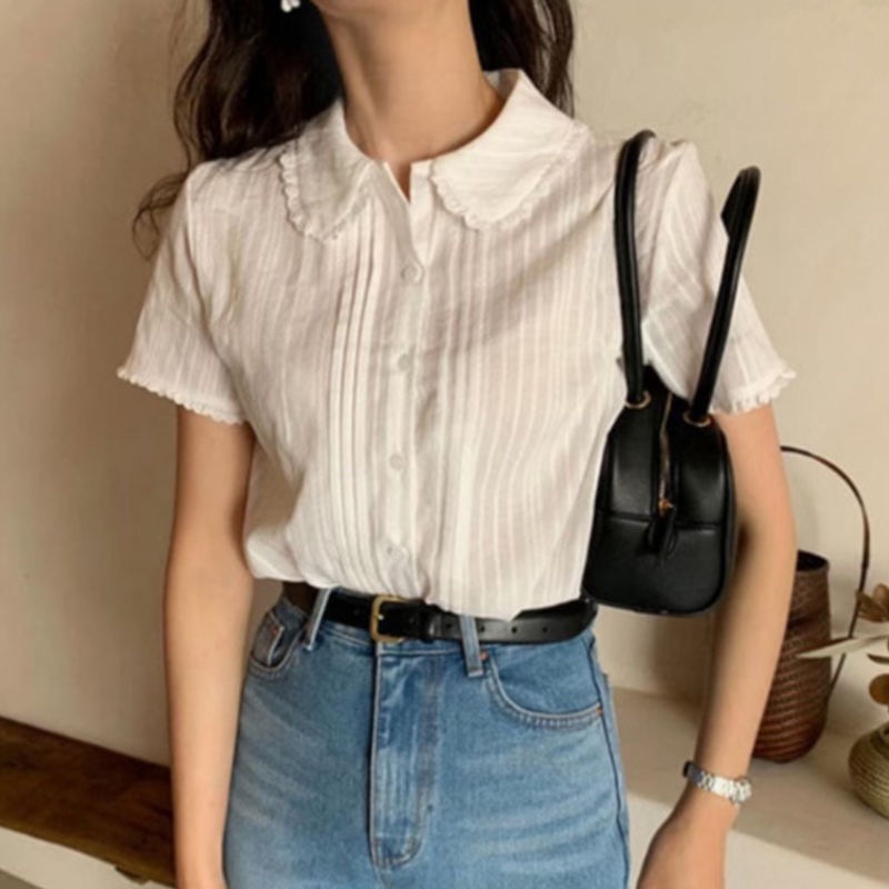 Suxi Áo Sơ Mi Tay Ngắn Màu Trắng Phong Cách Hàn Quốc Nữ Mùa Hè Mỏng Rời Slim Fit Top