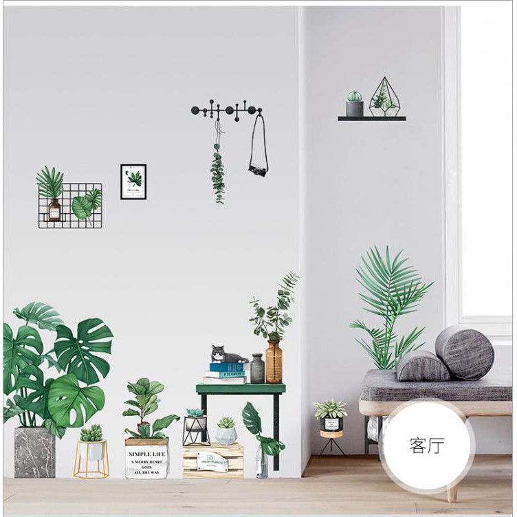 Decal dán trang trí tường phong cách Hàn Quốc Simple Life - decal chậu cây xanh lá AmyShop