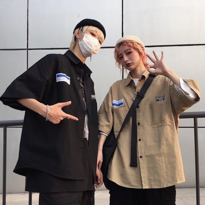 Áo sơ mi phối 2 túi kẻ ca rô cá tính ngắn tay dáng rộng cho nam và nữ