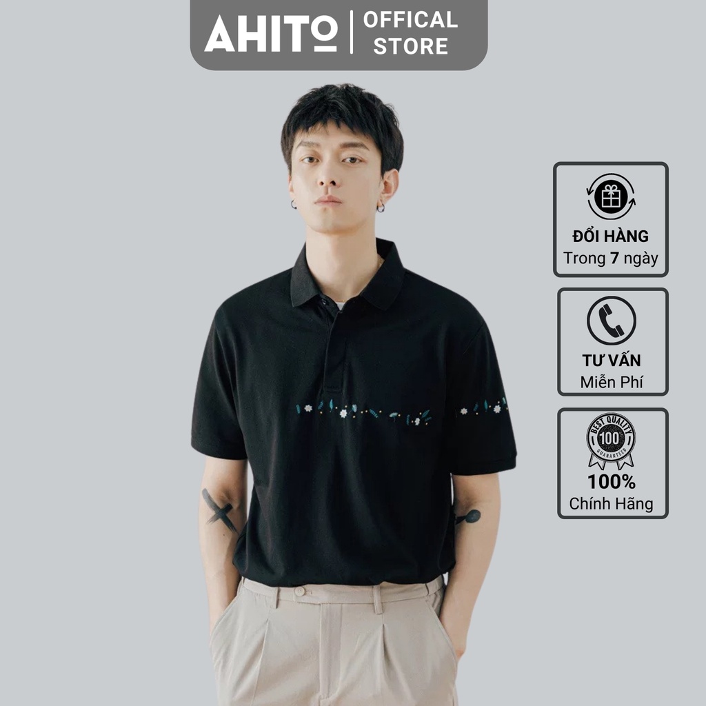 Áo Thun Polo Nam Ahito Cổ Bẻ Hoạ Tiết Hoa Thêu Tay, Form Chuẩn, Chất Cotton 100% Trẻ Trung Thời Trang