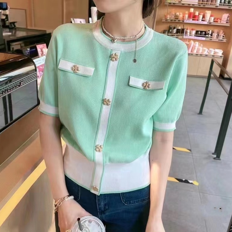 SUXI Áo Thun Dệt Kim Tay Ngắn Cổ Tròn Màu Sắc Tương Phản Phong Cách Vintage Dành Cho Nữ