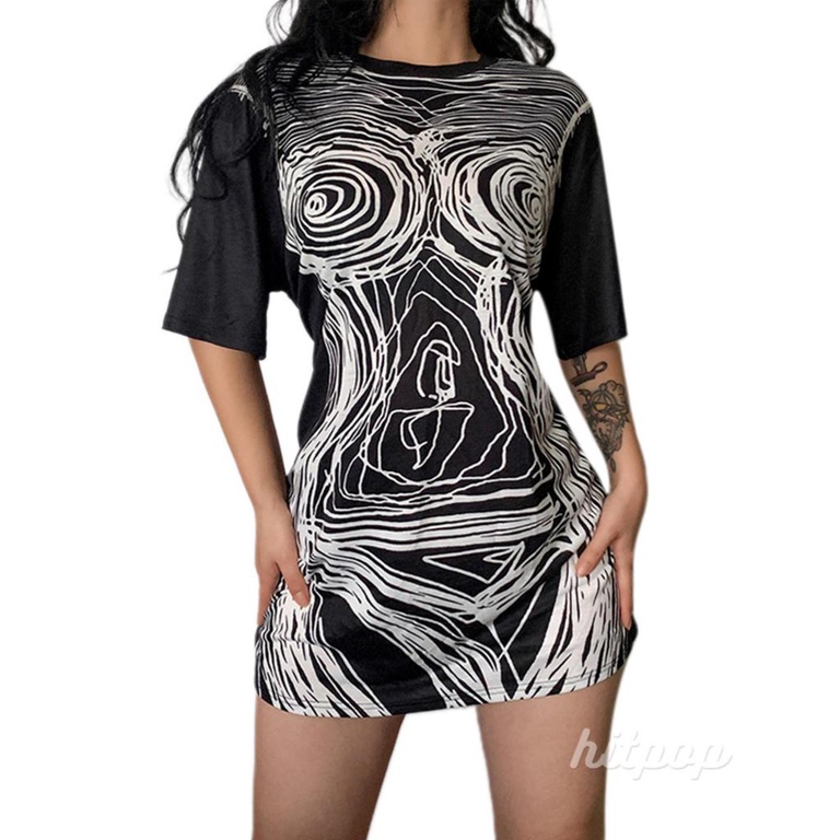 Hitpop-Women Long T-shirt Style Summer Dress, Round Neck Short Sleeve Print Pattern Casual Loose Fit One Piece Garment