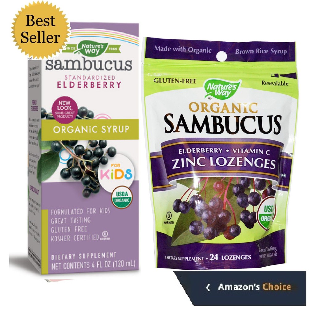 SAMBUCUS ORGANIC Siro cơm cháy &amp; Kẹo vit C và KẼM Zinc tăng đề kháng cho trẻ em bé Nature's Way 120mL 24viên