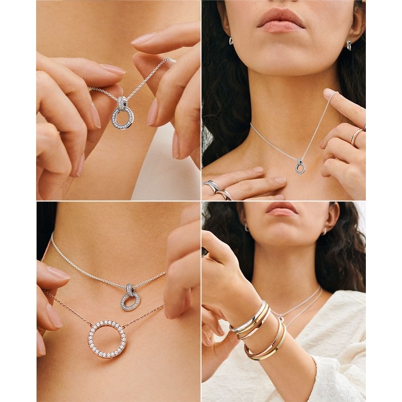 Vòng cổ Mặt Nhẫn Đôi Pandora Mạ Bạc 925 Đính Kim Cương Nhân Tạo Thời Trang Dành Cho Nữ