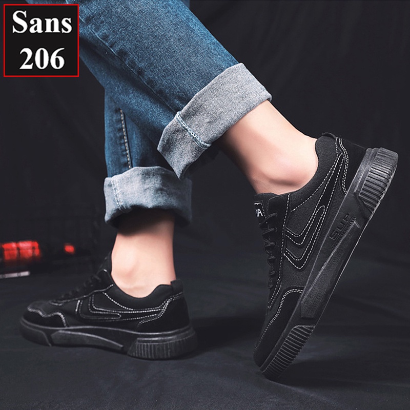 Giày sneaker nam nữ unisex Sans206 da lộn màu be đen đế bằng cột dây giầy thể thao sports